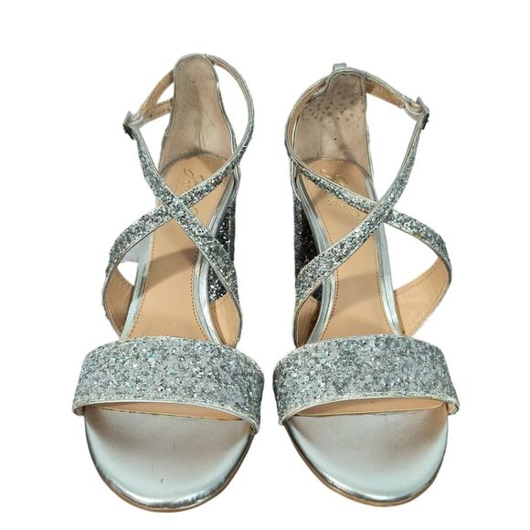 Jewel Badgley Mischka Cook Silver Glitter Sandals Women's Sz 9.5 Metallic Shoes - Picture 3 of 14